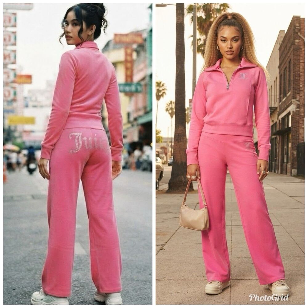 Juicy Couture Sport 1/4 Zip Sweatshirt Wide Leg Track pants sz M Bling Tracksuit